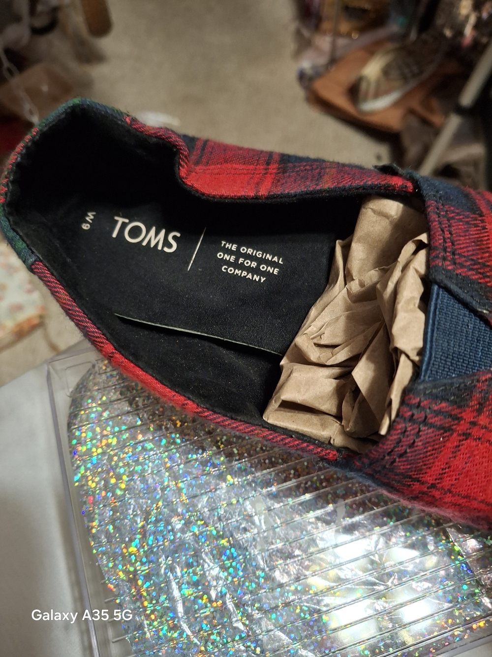 TOMS Classic Slip-On Plaid Canvas Shoes - Red & Navy - Picture 5 of 5